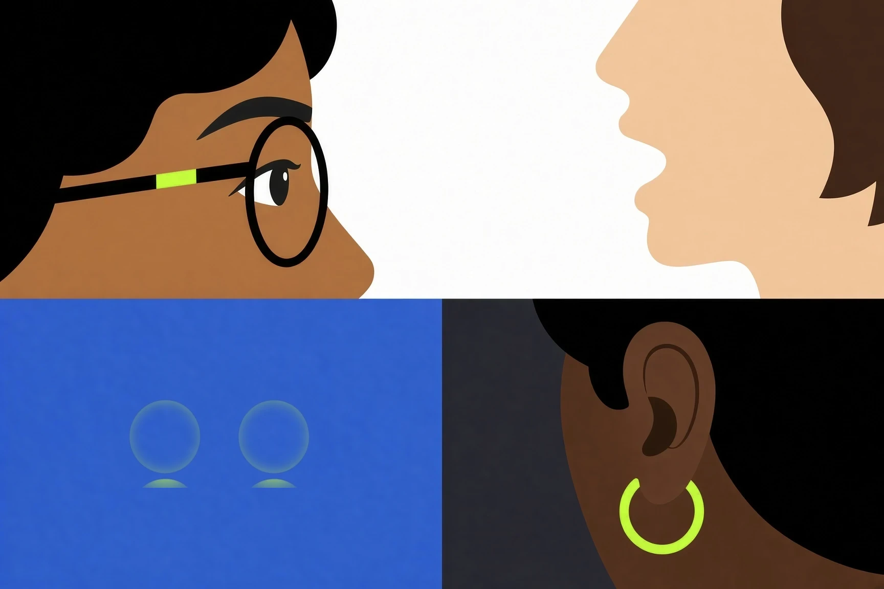 Close-up illustrations of two people in conversation, alongside listening and signal details